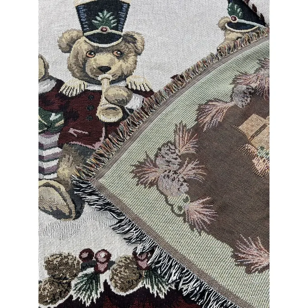 Vintage Christmas Woven Throw Blanket Tapestry Wall Hanging Teddy Bear Band